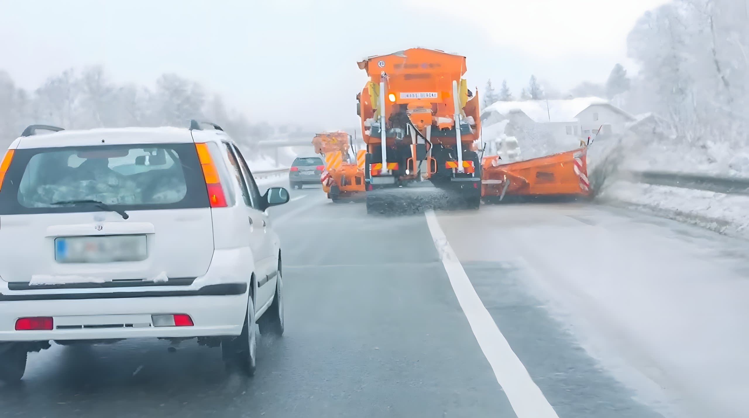 Salt-spreading trucks treating an icy winter highway