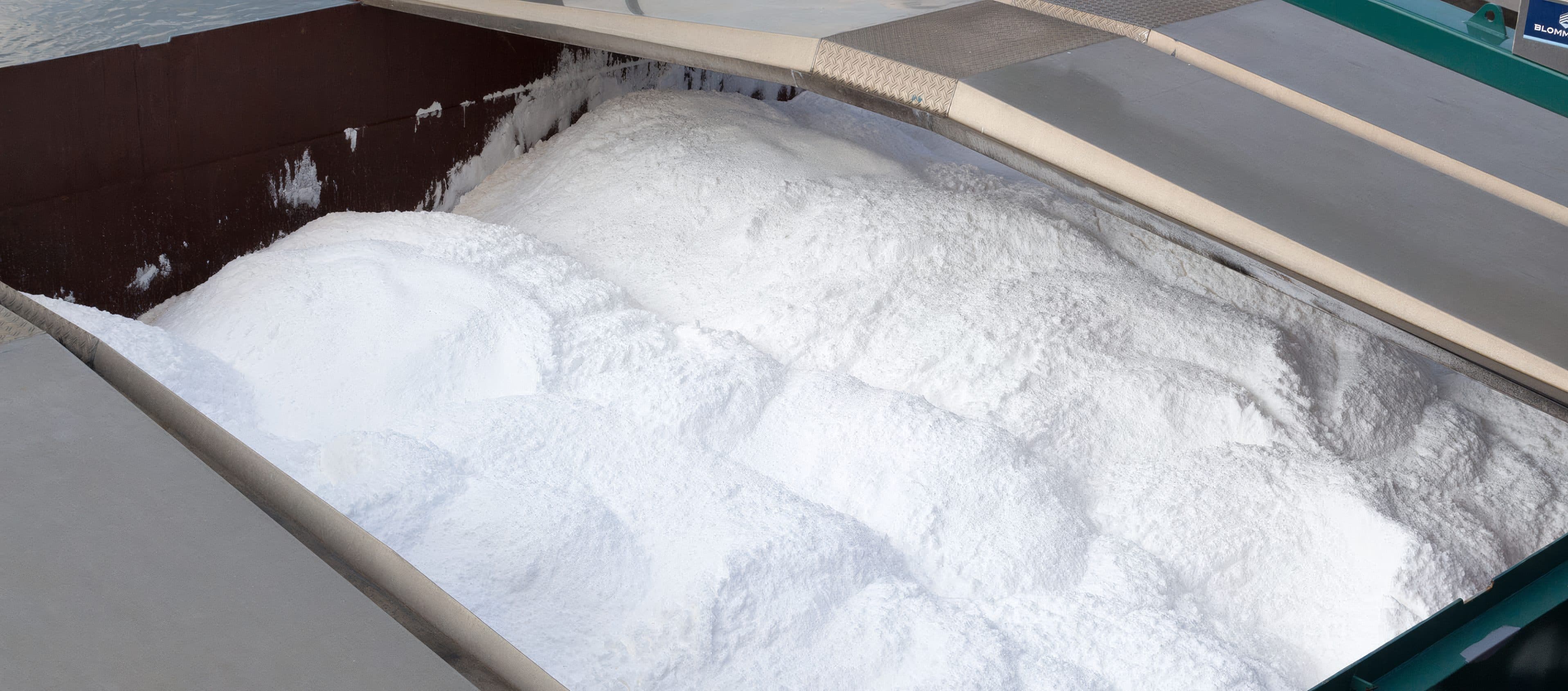 High-purity white salt loaded in a ship's hold
